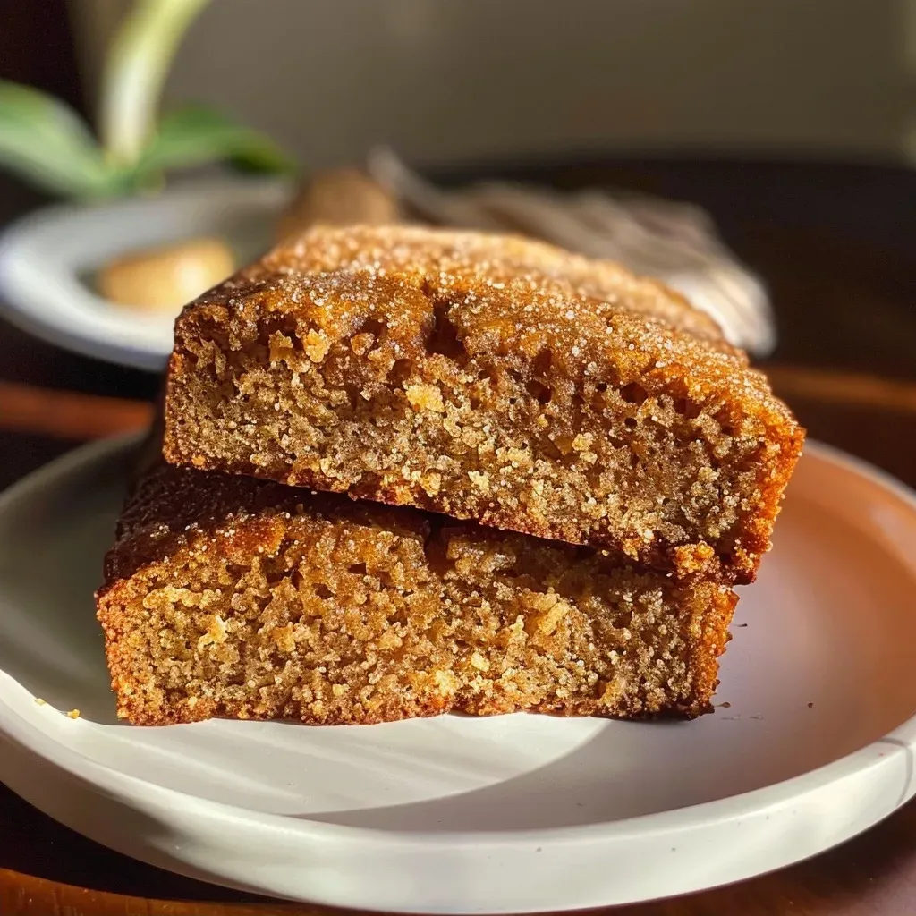 Side profile of a freshly baked Spiced Apple Cider Donut Loaf, showcasing a fluffy texture and a warm cinnamon topping.