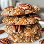 Close-up of golden-brown vegan gluten-free Spiced Maple Pecan Oat Cookies arranged on a rustic wooden surface.