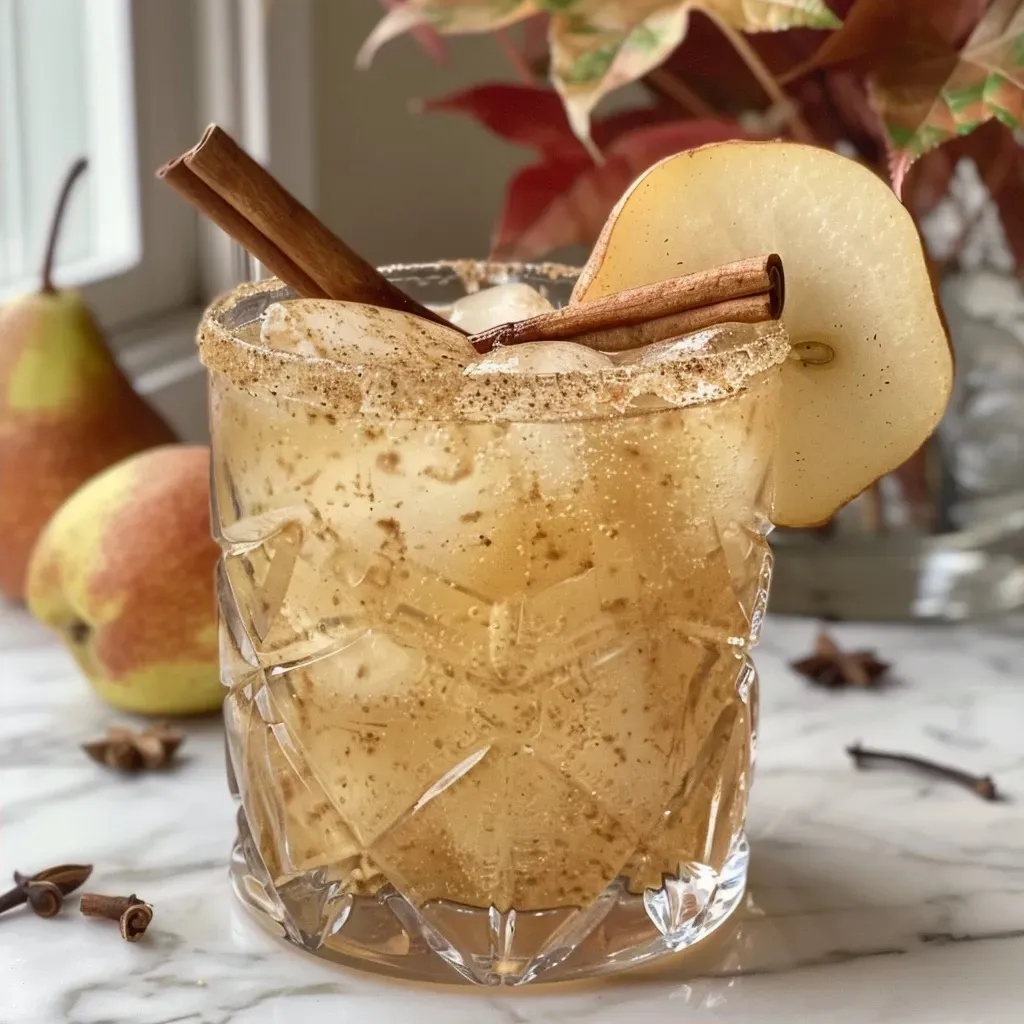 A side view of a cocktail glass filled with a golden Spiced Pear Bourbon Smash, garnished with pear and cinnamon.