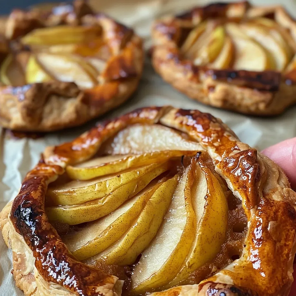Side view of a freshly baked spiced pear galette showcasing its flaky crust and fruit filling.