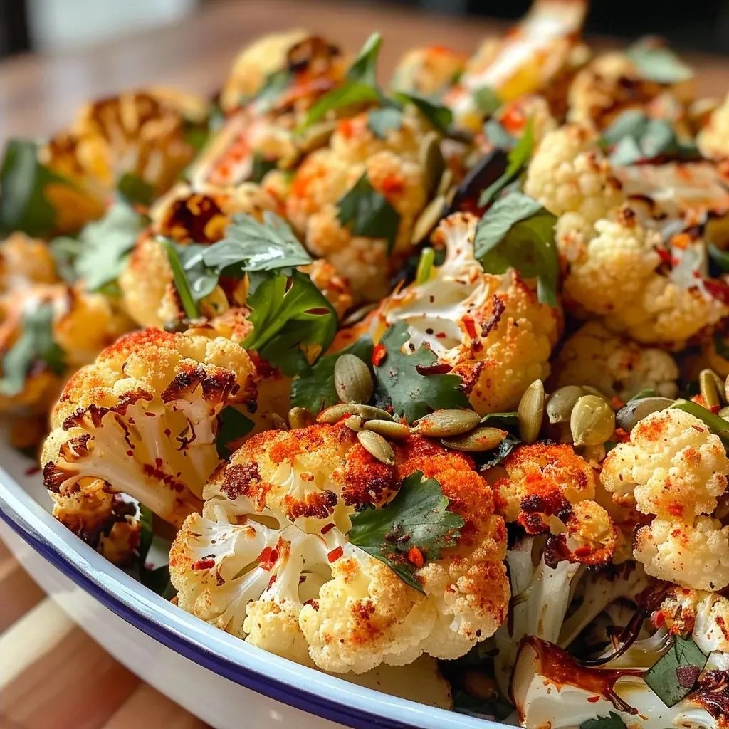 Side view of a vibrant dish featuring roasted cauliflower topped with spices and herbs.