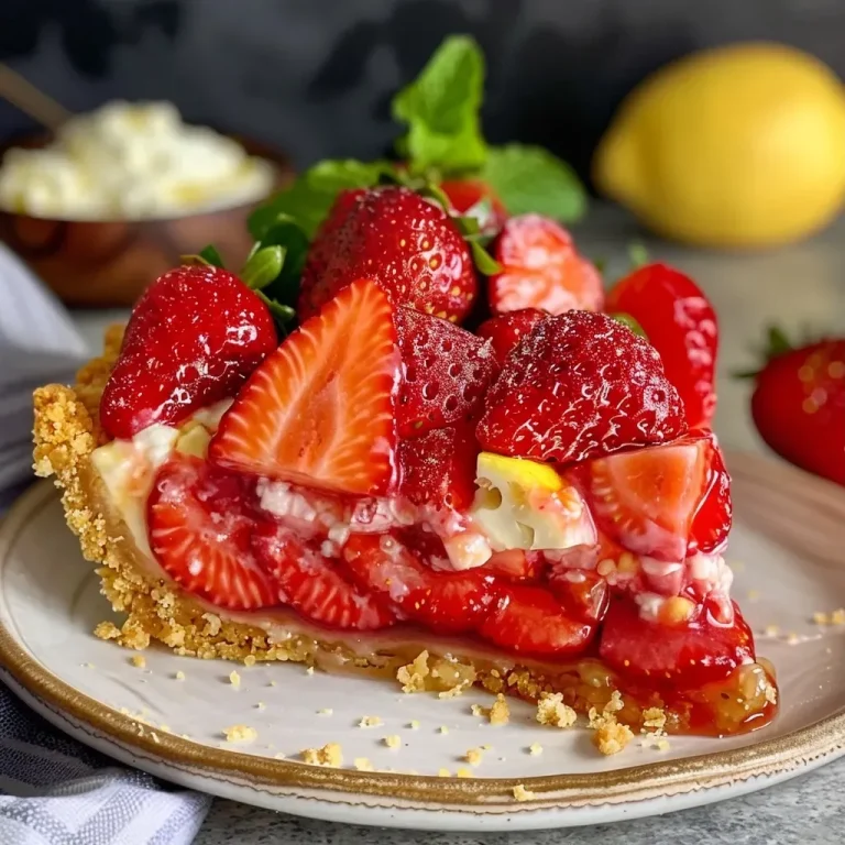 Whispers of Summer: A Strawberry Pie with a Zesty Lemon Crust Close-up view of a juicy strawberry pie with a golden lemon shortbread crust.