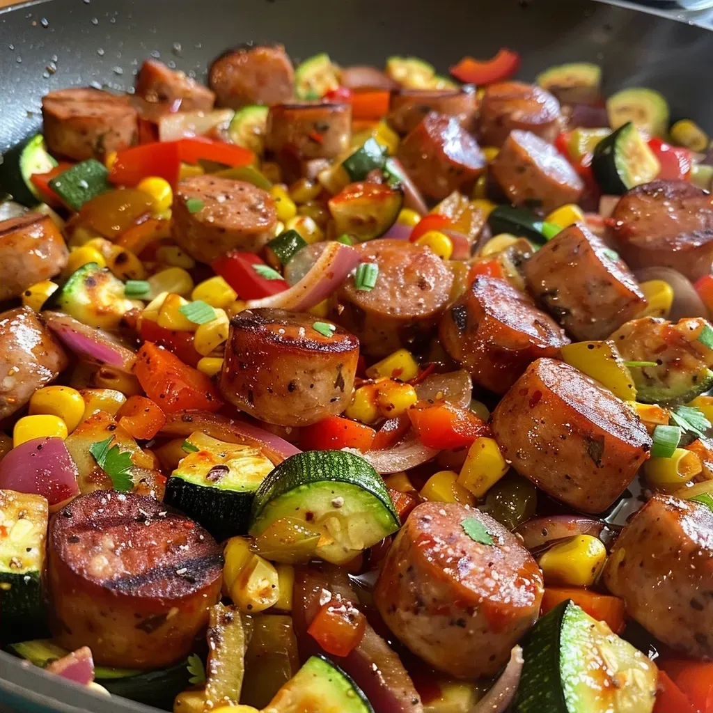 Juicy chicken sausage links mixed with zucchini and bell peppers in a skillet.