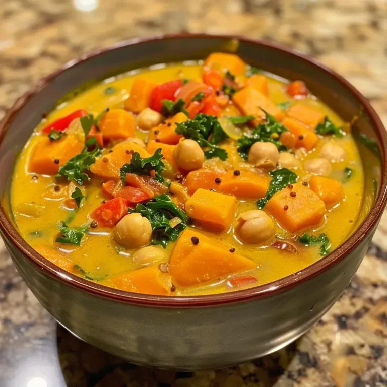 Embracing Warmth: A Sweet Potato Coconut Curry Soup for the Soul Close-up view of a vibrant bowl of Sweet Potato Coconut Curry Soup, featuring chunks of sweet potato and kale.