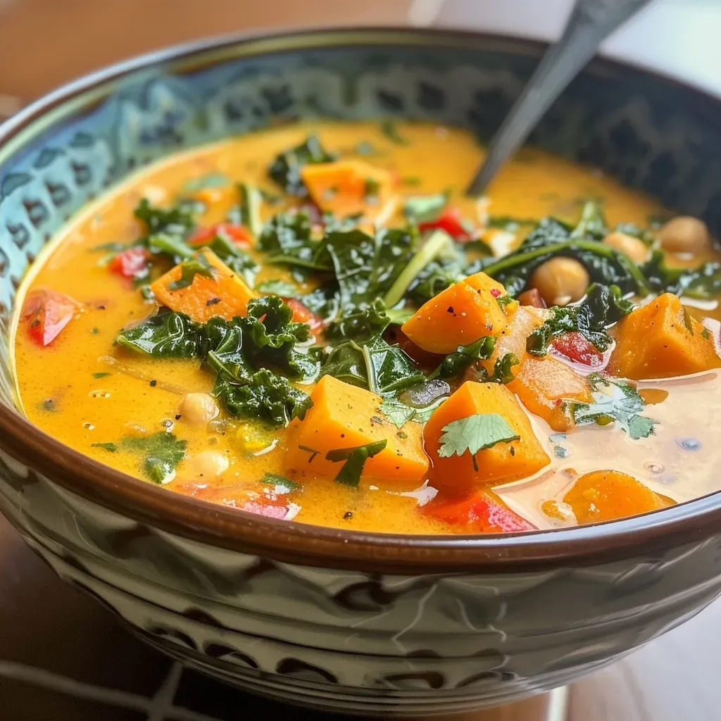 Side angle of a creamy Sweet Potato Coconut Curry Soup topped with fresh herbs and served with naan.