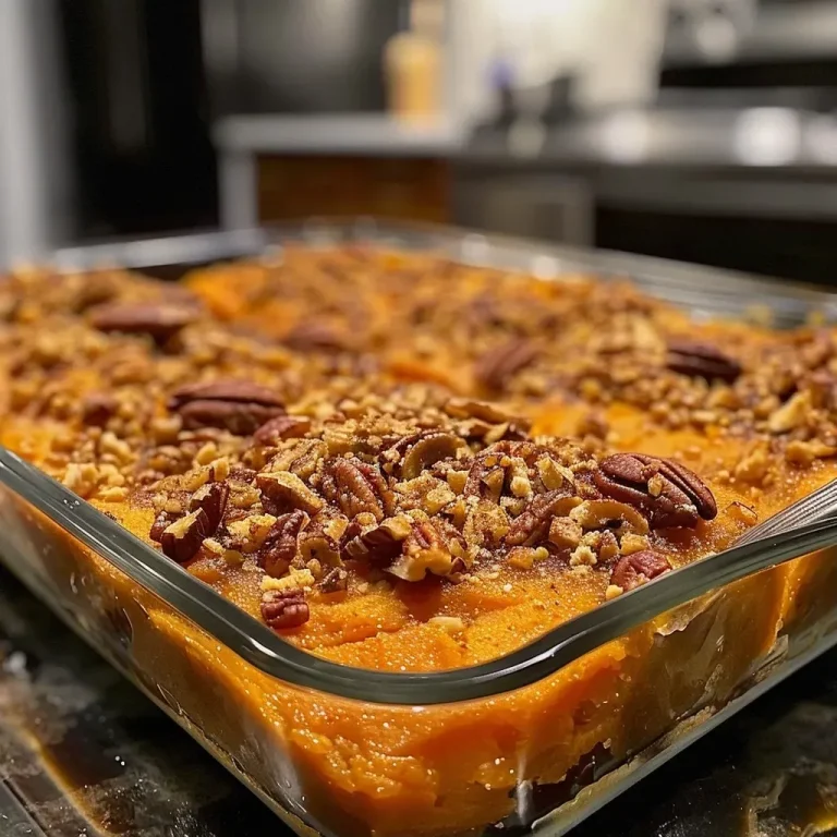 The Sweet Potato Souffle That Whispers Family Secrets Close-up of a golden Sweet Potato Souffle with a crunchy pecan topping.