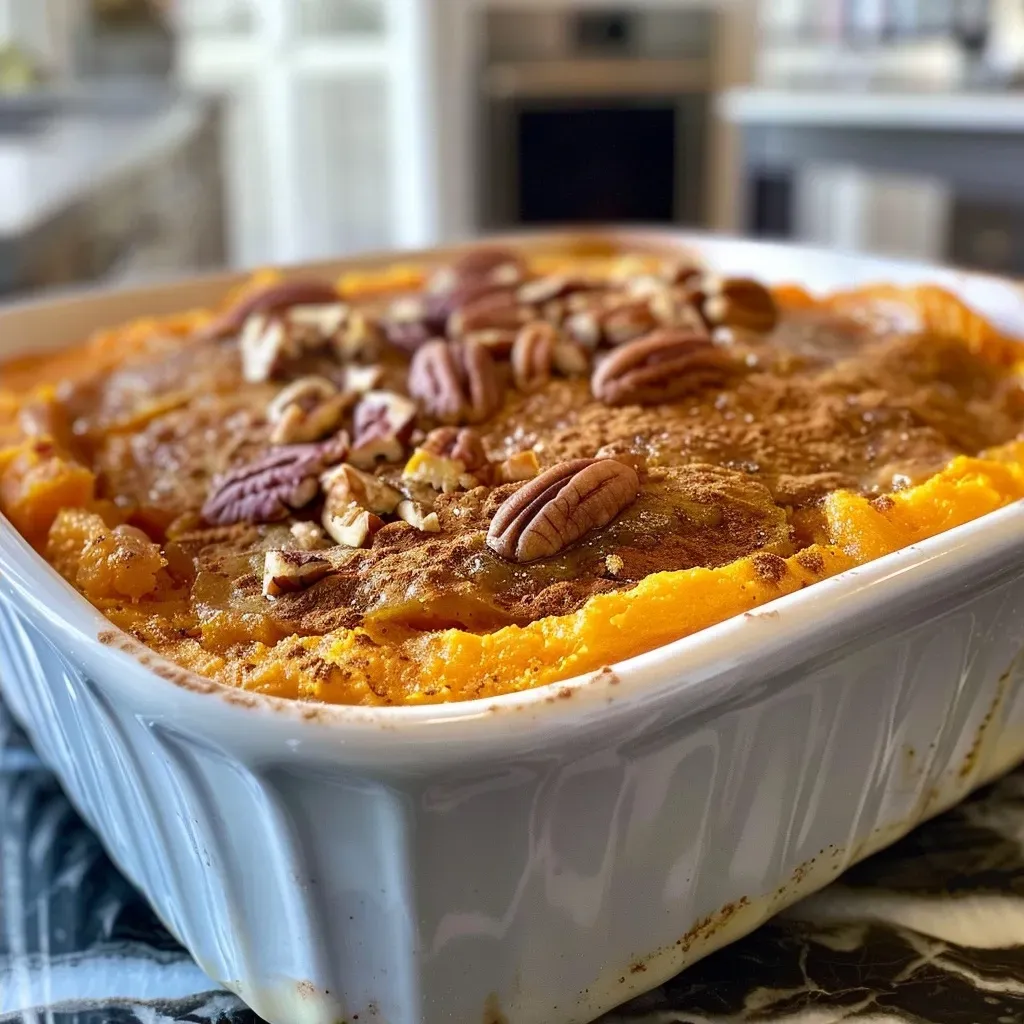 Side view of a fluffy Sweet Potato Souffle, showcasing its rich texture and warm color.