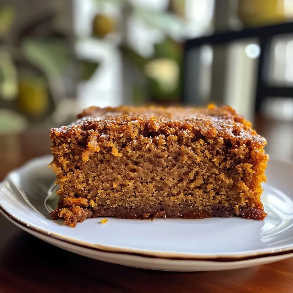 Side view of a moist Sweet Potato Spice Cake showcasing its spiced surface and creamy topping.