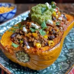 A close-up side view of taco stuffed butternut squash showcasing vibrant fillings.