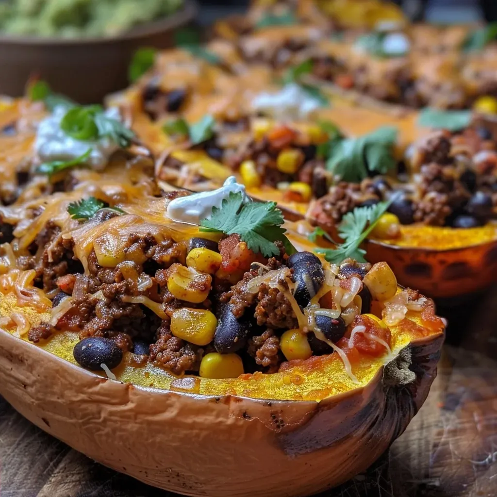 Juicy taco stuffed butternut squash with visible layers of beef, beans, and cheese.