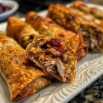 Close-up view of crispy Thanksgiving egg rolls filled with turkey and stuffing.
