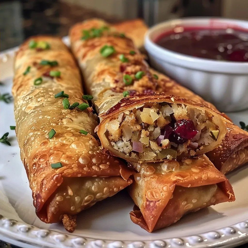 Juicy Thanksgiving egg rolls arranged neatly, showcasing their golden-brown exterior.