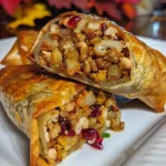 Close-up of golden, crispy Thanksgiving leftover egg rolls filled with turkey, mashed potatoes, and cranberry sauce.