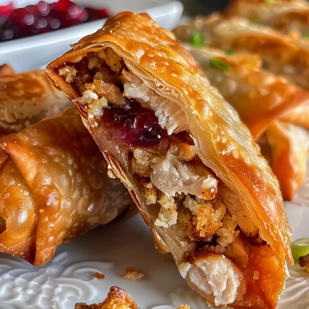 Side view of juicy Thanksgiving leftover egg rolls on a plate, showcasing the crispy texture and rich filling.