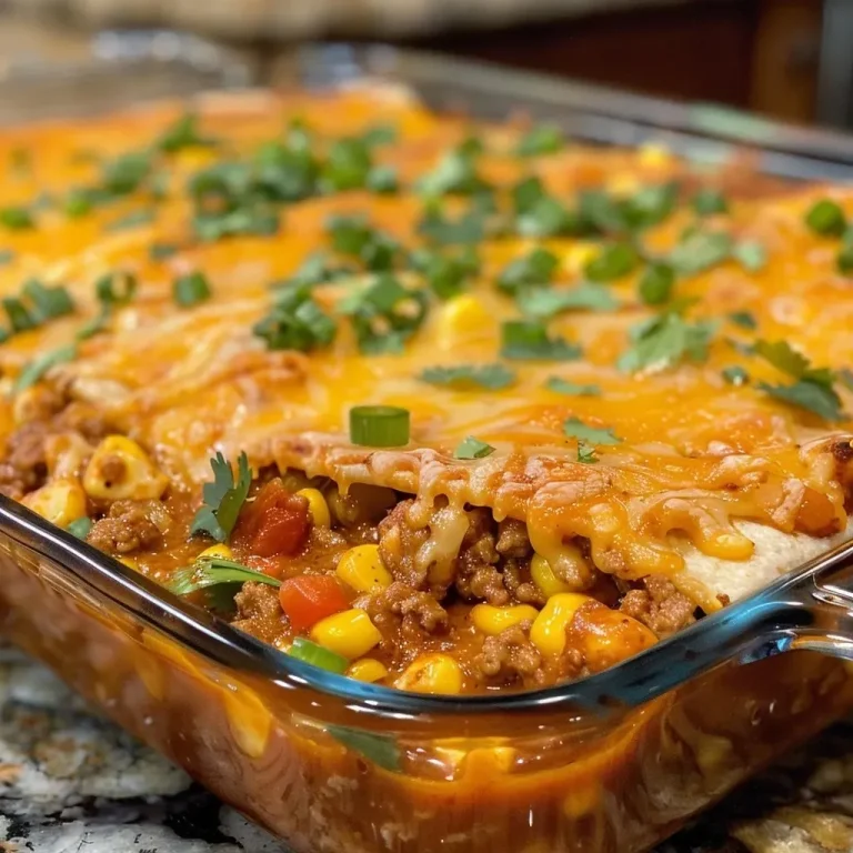 Gather ‘Round: A Turkey Enchilada Casserole That Warms the Heart Close-up side view of a Turkey Enchilada Casserole, showcasing layers of cheese and tortillas.
