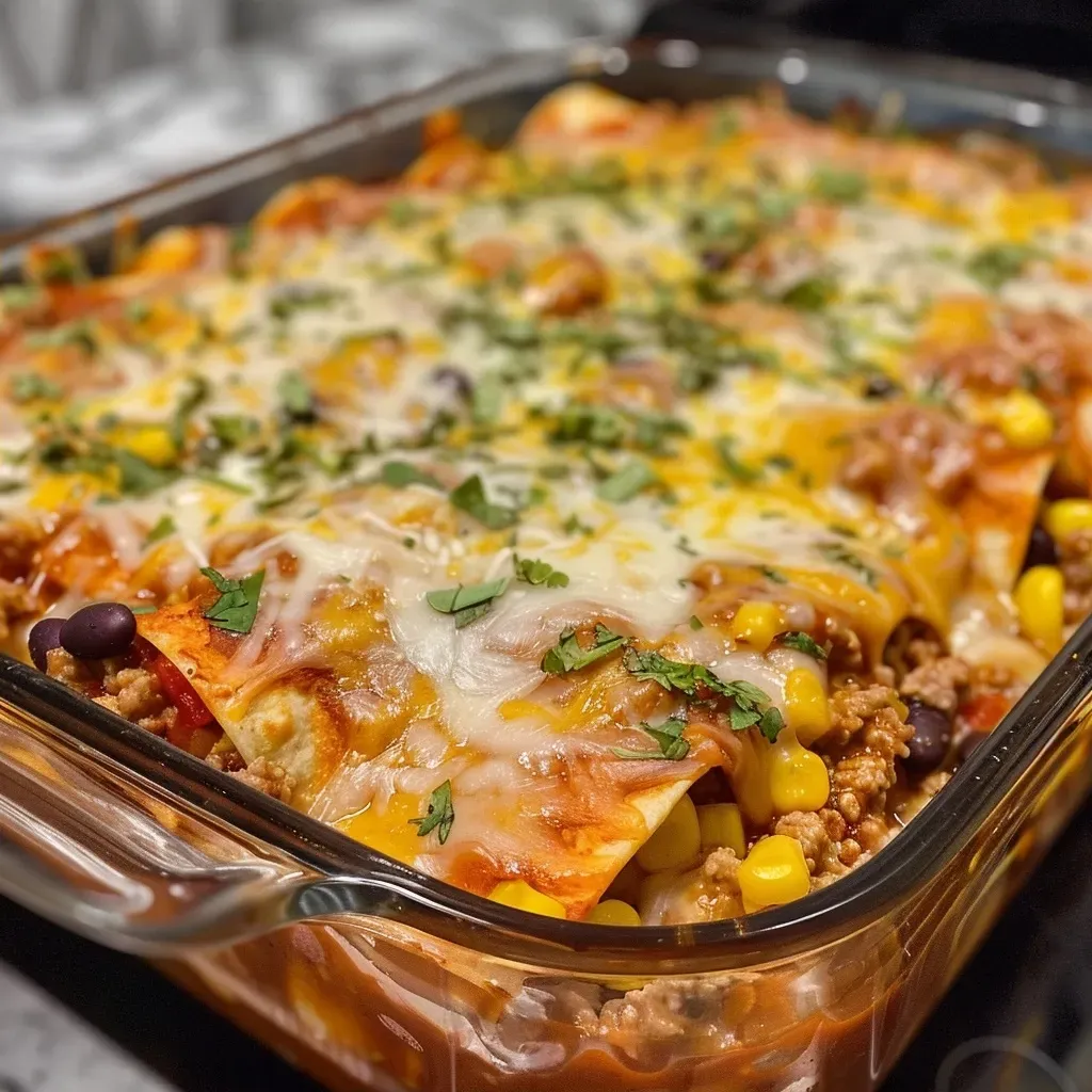 Side view of a juicy Turkey Enchilada Casserole, showcasing its colorful ingredients and melted cheese.