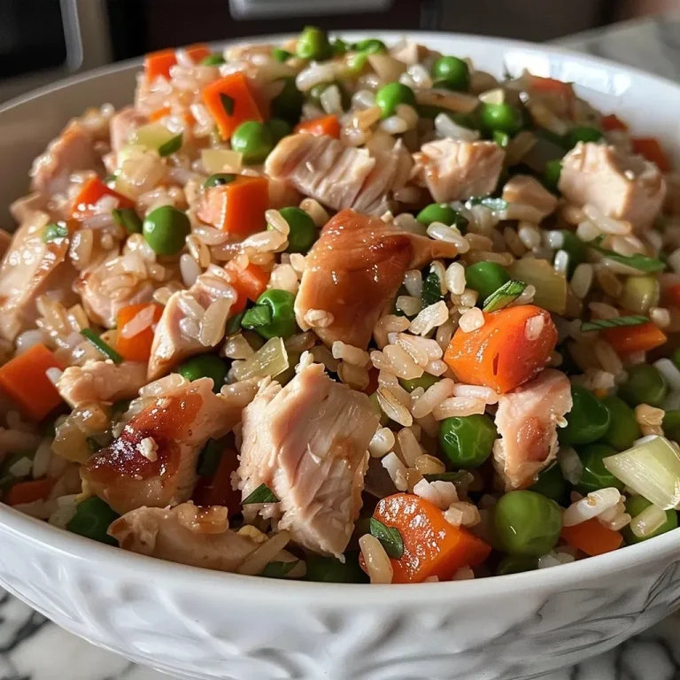 A Heartwarming Bowl of Turkey Fried Rice: Comfort in Every Bite Close-up of golden Turkey Fried Rice featuring diced turkey, peas, and vegetables.