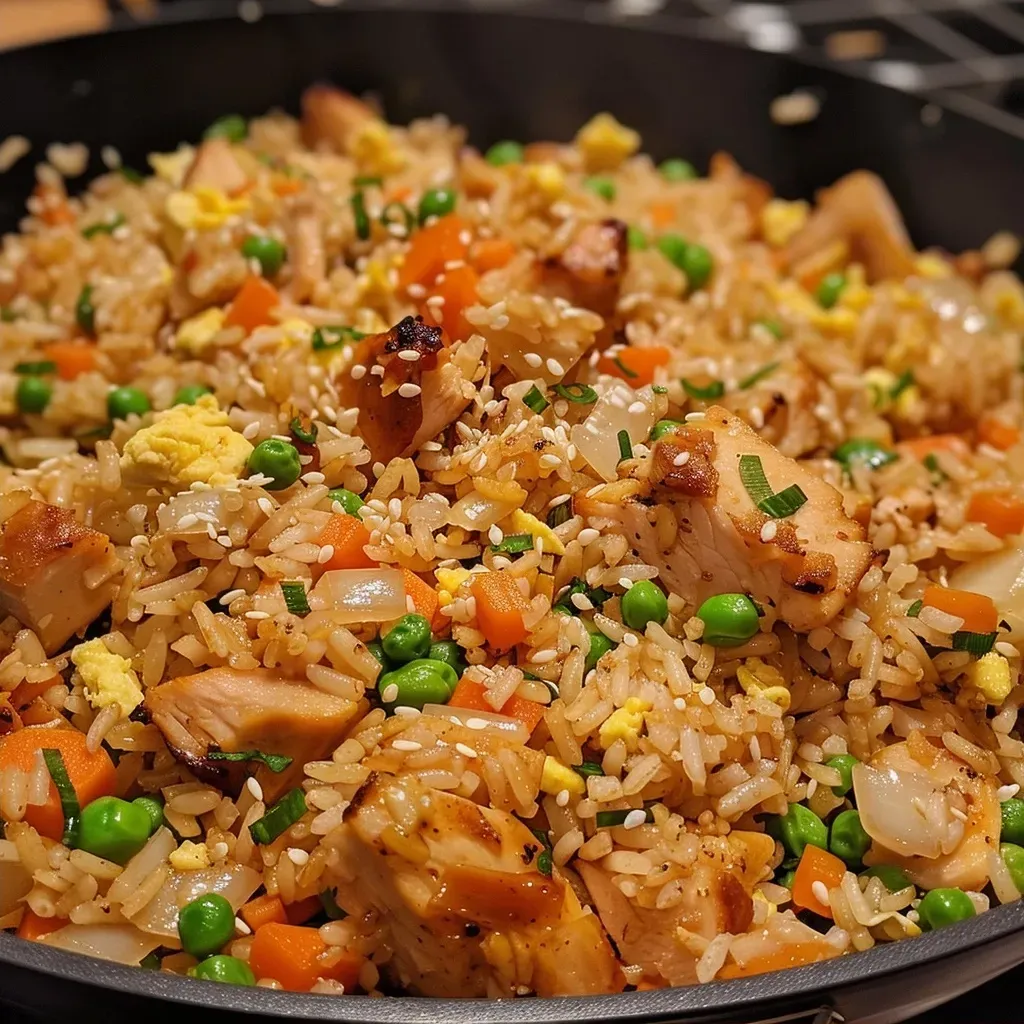 Side view of Turkey Fried Rice with colorful carrots, peas, and fluffy rice.