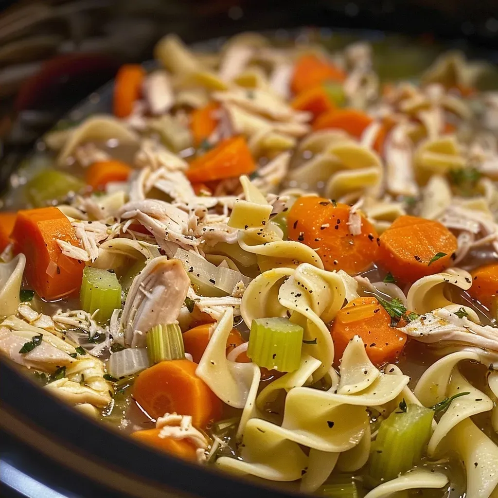 Bowl of Turkey Noodle Soup with carrots, celery, and herbs visible.