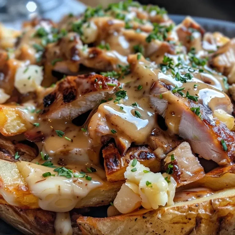 A Cozy Bowl of Turkey Poutine: Comfort Food with a Twist Close-up of Turkey Poutine featuring gravy, cheese curds, and golden fries.