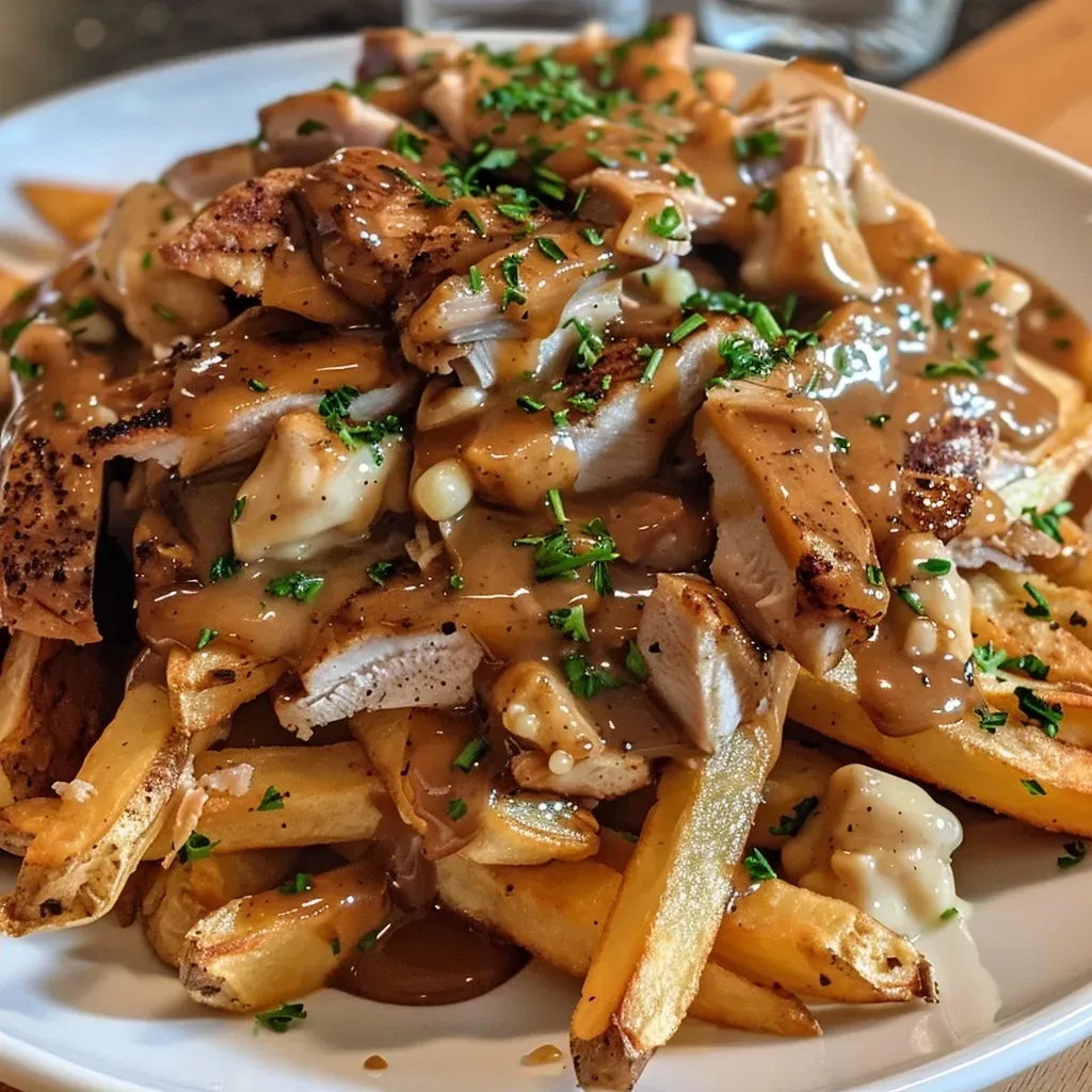 Side view of Turkey Poutine topped with gravy and chunks of turkey on crispy fries.