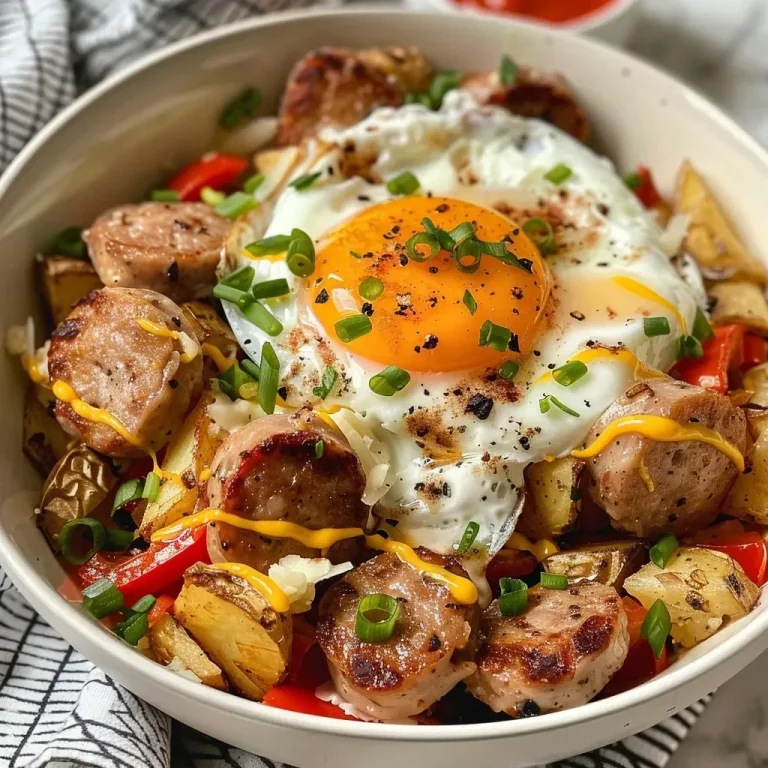 A Heartwarming Morning: Turkey Sausage Breakfast Bowl to Share Close-up view of a Turkey Sausage Breakfast Bowl, showcasing melted cheese and vibrant bell peppers.