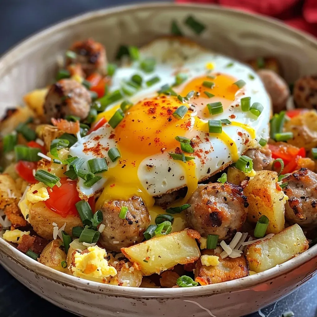 Side angle of a Turkey Sausage Breakfast Bowl with crispy hash browns and fluffy scrambled eggs.