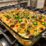 Close-up of a Turkey Sausage Green Chile Egg Casserole with a golden-brown top.