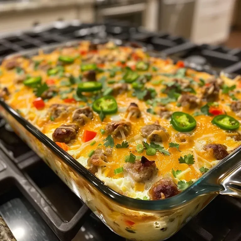 A Heartfelt Casserole: Turkey Sausage and Green Chile to Savor Together Close-up of a Turkey Sausage Green Chile Egg Casserole with a golden-brown top.