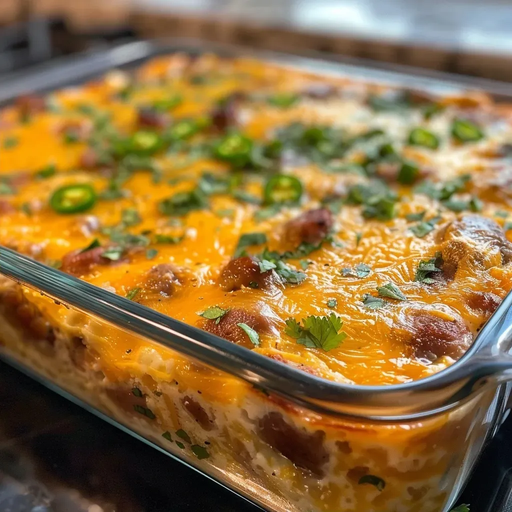 Juicy slice of Turkey Sausage Egg Casserole showcasing layers of green chiles and cheese.