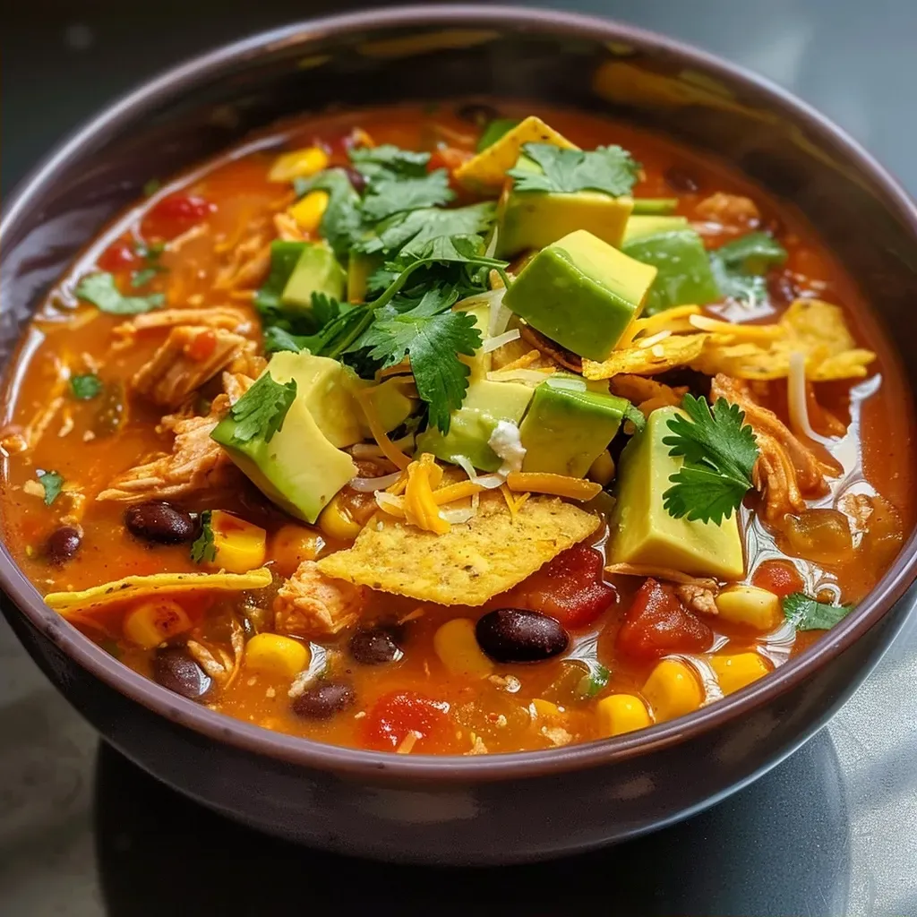 Delicious Turkey Tortilla Soup garnished with tortilla chips and sour cream, served in a white bowl.