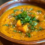 A close-up view of vibrant turmeric coconut butternut squash soup in a bowl, garnished with fresh herbs.