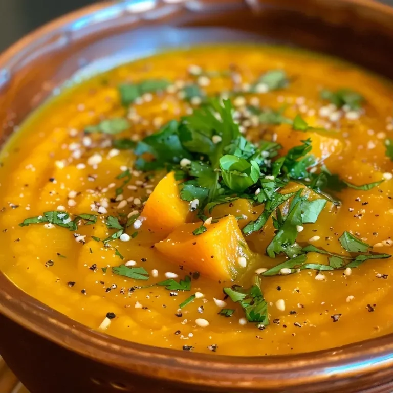 A Bowl of Sunshine: Turmeric Coconut Butternut Squash Soup to Savor A close-up view of vibrant turmeric coconut butternut squash soup in a bowl, garnished with fresh herbs.