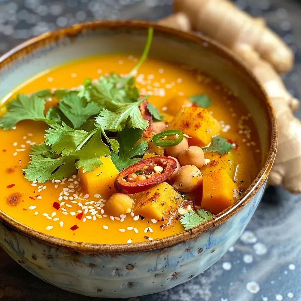 A side view of a creamy butternut squash soup with a golden hue, featuring spices and herbs on top.