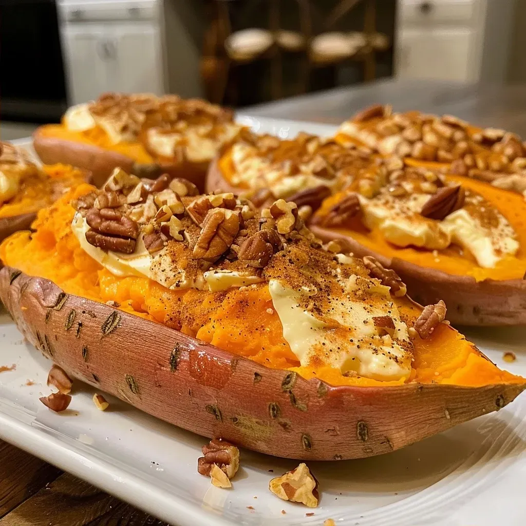 Side view of a creamy twice baked sweet potato dish with melted cheese.
