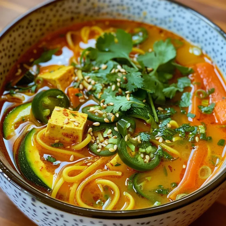 A close-up view of a bowl filled with golden turmeric and ginger noodle broth, topped with fresh herbs.