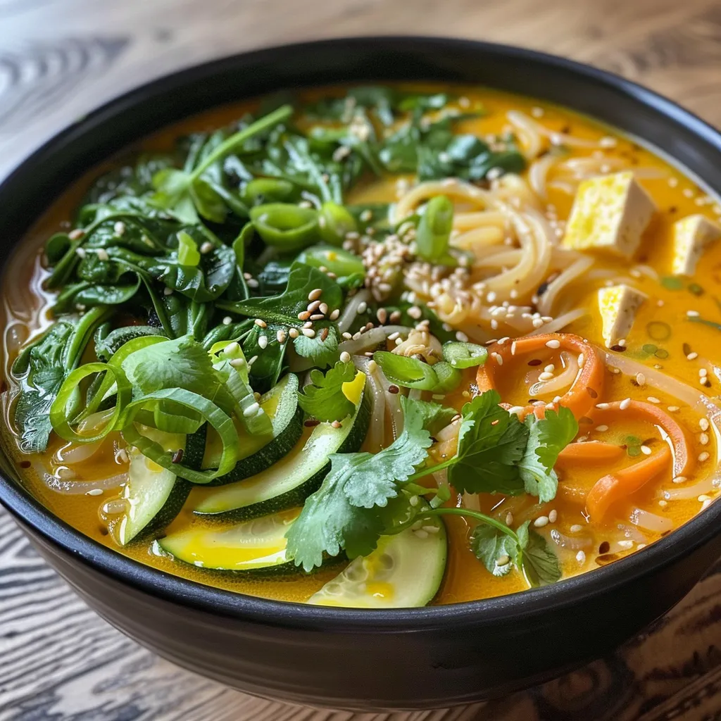 Side view of a steaming bowl of turmeric noodle broth with vibrant vegetables and noodles.