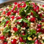 Close-up view of a vibrant Pomegranate Couscous Salad with fresh ingredients.