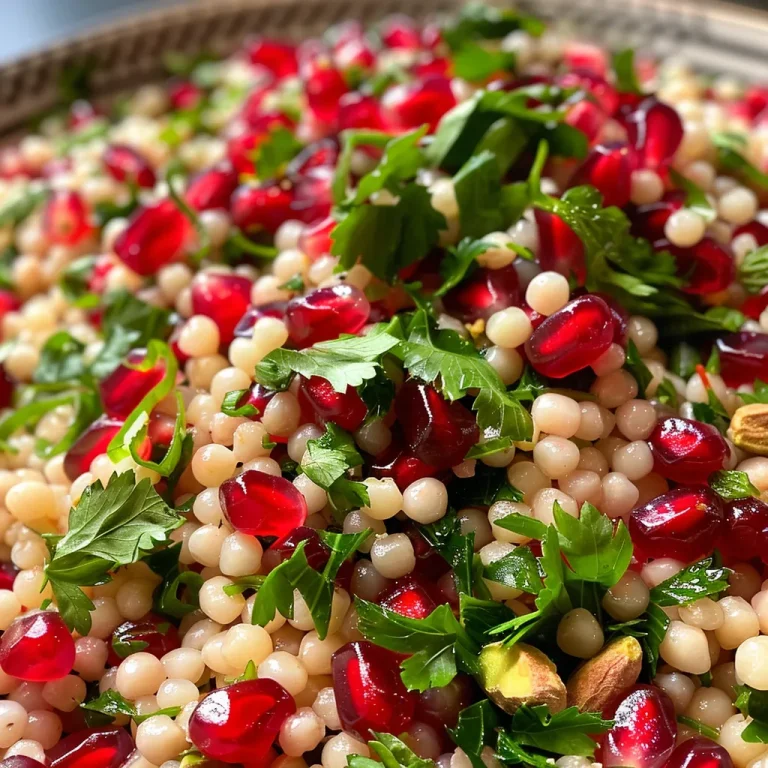 A Colorful Harvest: Pomegranate Couscous Salad to Share with Loved Ones Close-up view of a vibrant Pomegranate Couscous Salad with fresh ingredients.