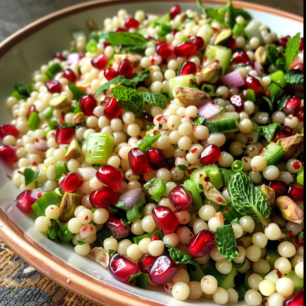 Detailed shot of a colorful salad featuring pomegranate seeds and couscous.