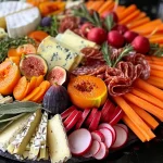 Close-up of a Fall Cheese Board Wreath featuring various cheeses, meats, and seasonal fruits.