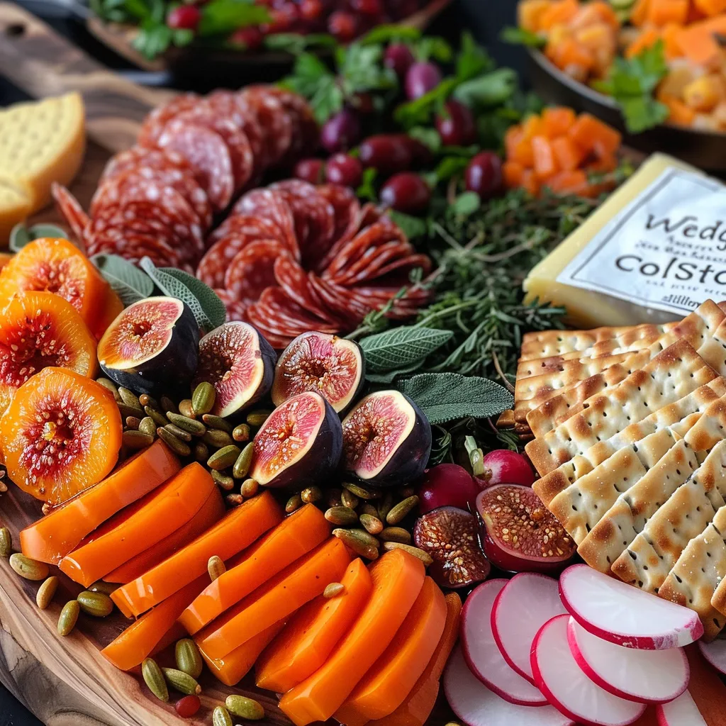 Side view of a decorative cheese board arranged in a wreath shape, adorned with figs and sage.