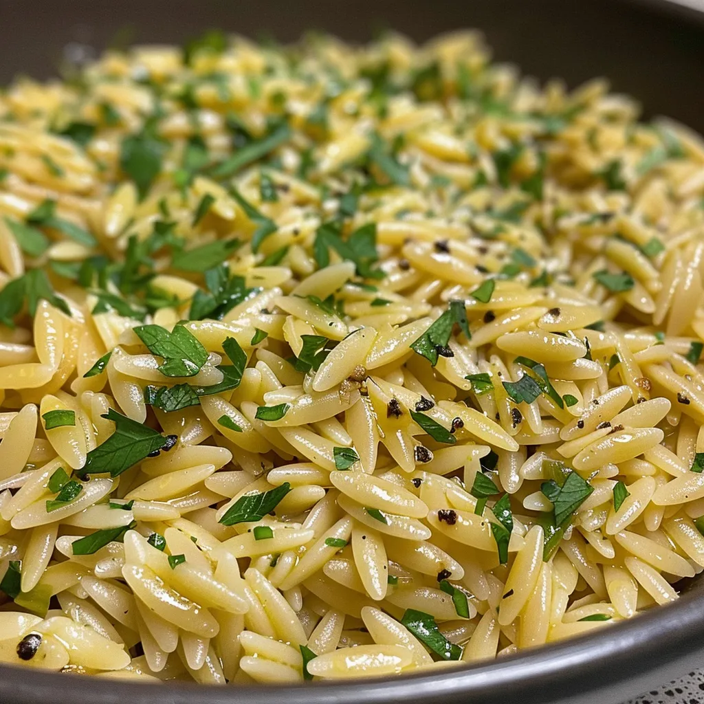 Delicious Lemon Herb Orzo with vibrant green herbs in focus.