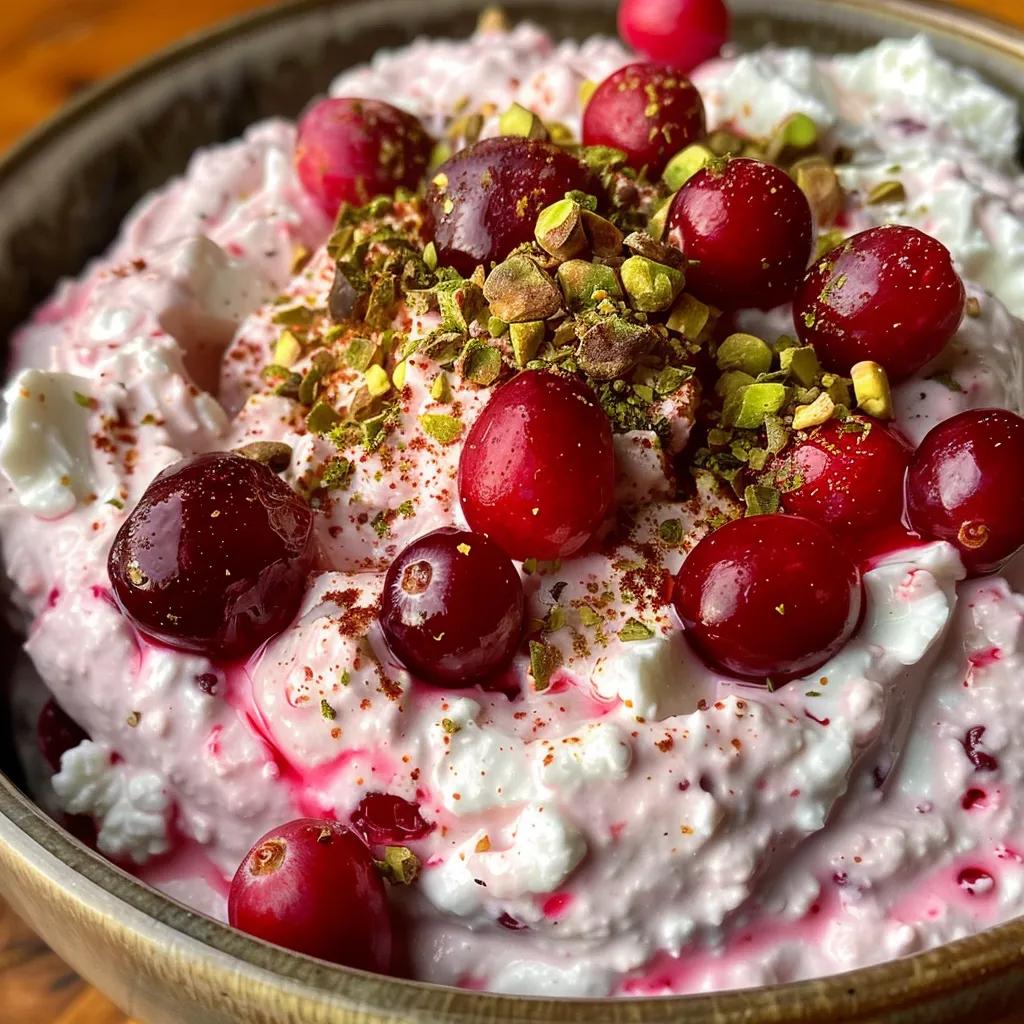 A vibrant cranberry whipped feta dip served in a rustic bowl, topped with chopped pistachios and a sprinkle of red pepper flakes.