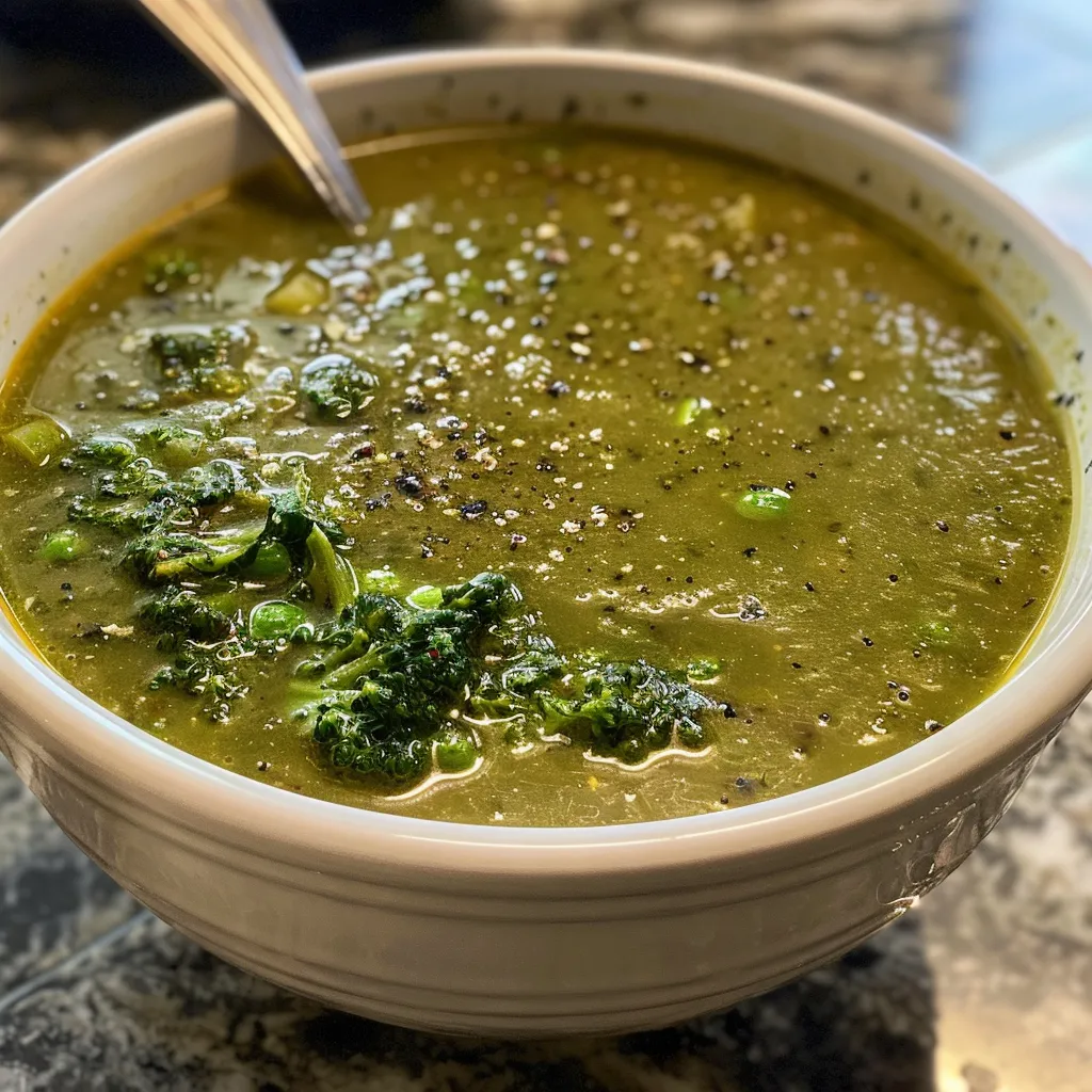 Side view of a colorful Detox Soup with peas and garlic, garnished with chili flakes.