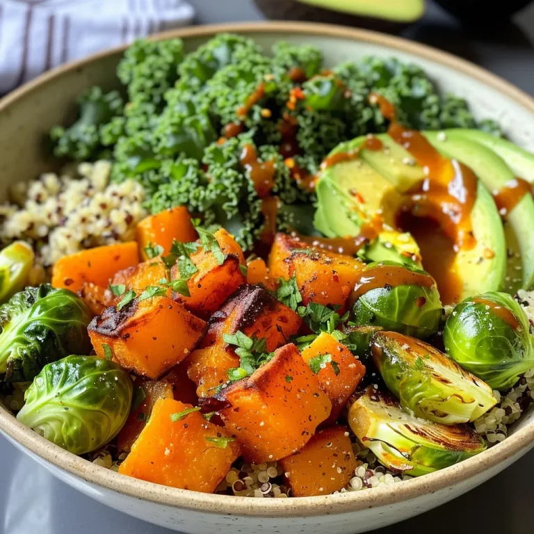A close-up view of a colorful Quinoa and Veggie Power Bowl featuring roasted Brussels sprouts and butternut squash.