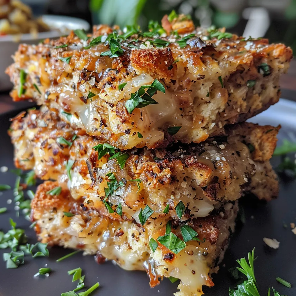 Side view of delicious stuffing cakes with a crispy exterior and moist interior.