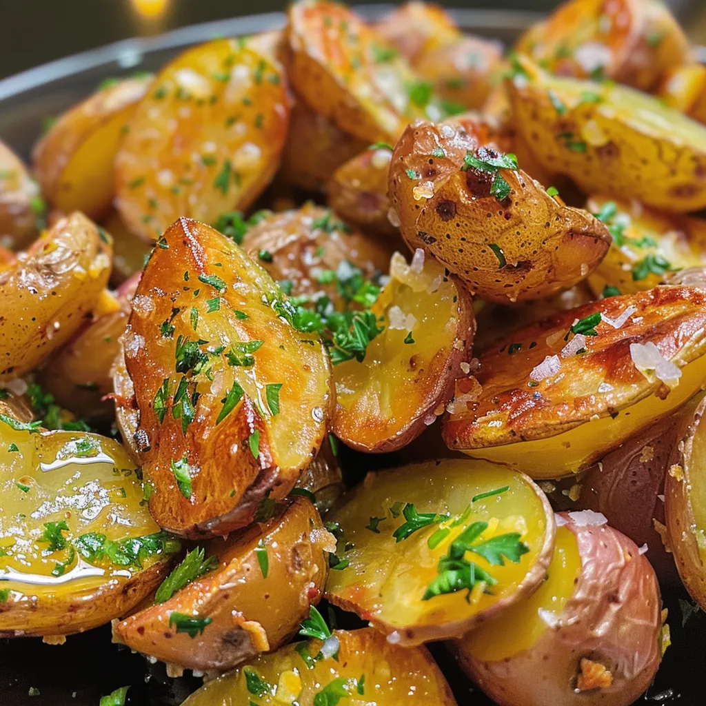 Side angle of juicy smashed fingerling potatoes garnished with chopped parsley.