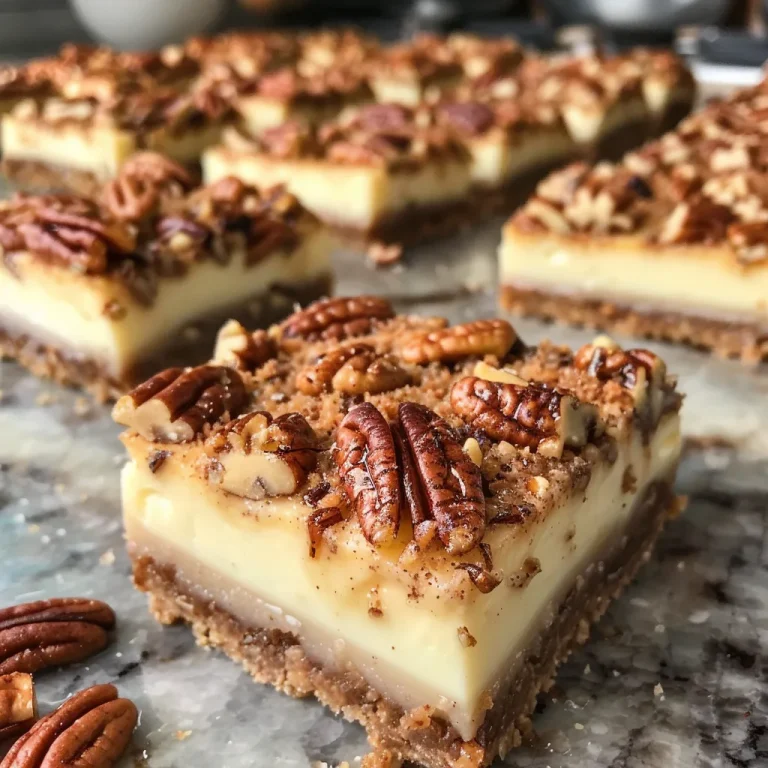 A side view of a Pecan Cheesecake Bar showcasing its creamy filling and nut topping.