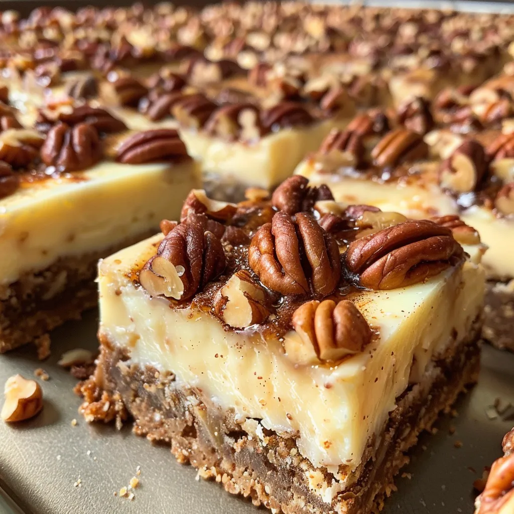 Close-up image of a delicious Pecan Cheesecake Bar layered with cream cheese and pecans.